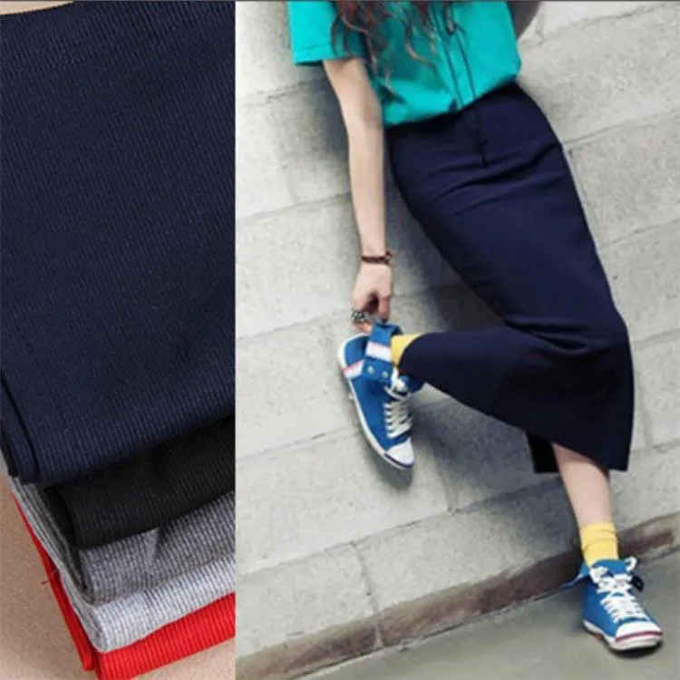 High Waist Hip Flattering Splitted Knitted Skirt Slim Look Pencil Mid Length Women Skirt