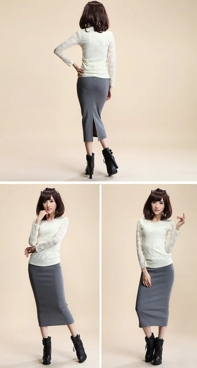 High Waist Hip Flattering Splitted Knitted Skirt Slim Look Pencil Mid Length Women Skirt