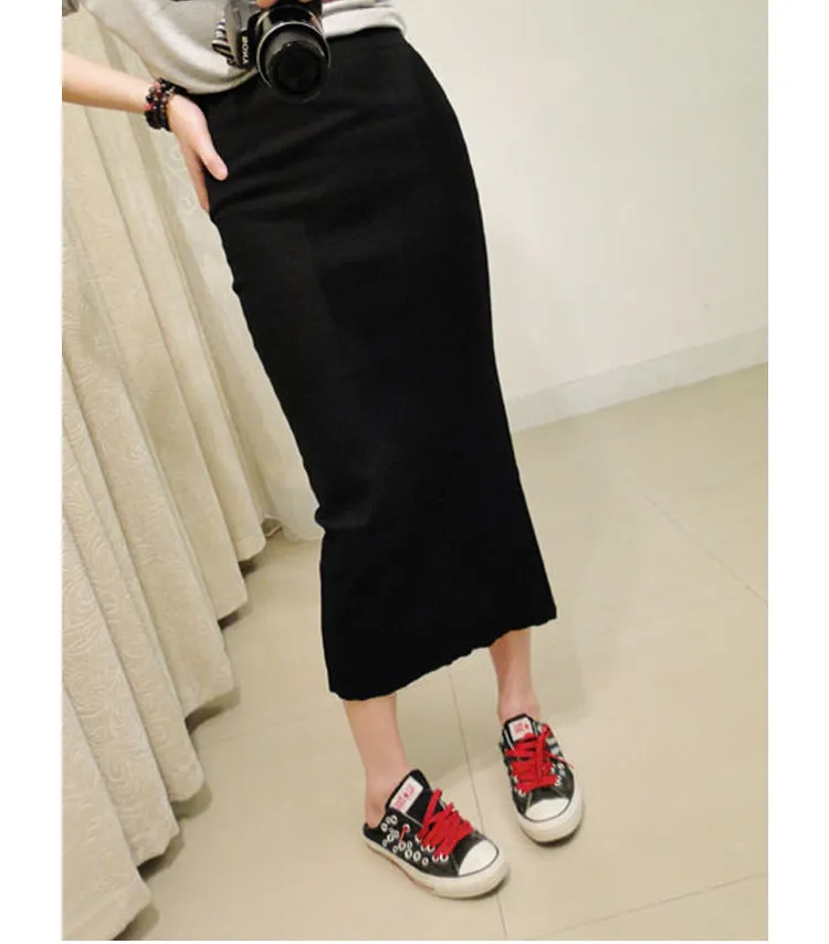 High Waist Hip Flattering Splitted Knitted Skirt Slim Look Pencil Mid Length Women Skirt