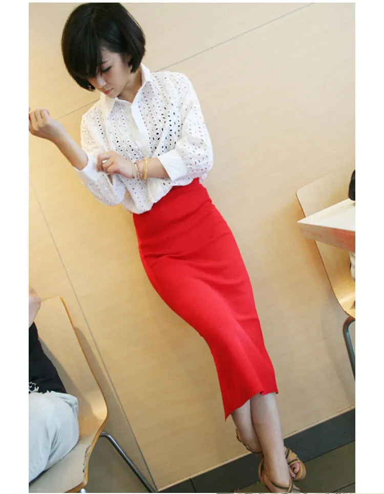 High Waist Hip Flattering Splitted Knitted Skirt Slim Look Pencil Mid Length Women Skirt