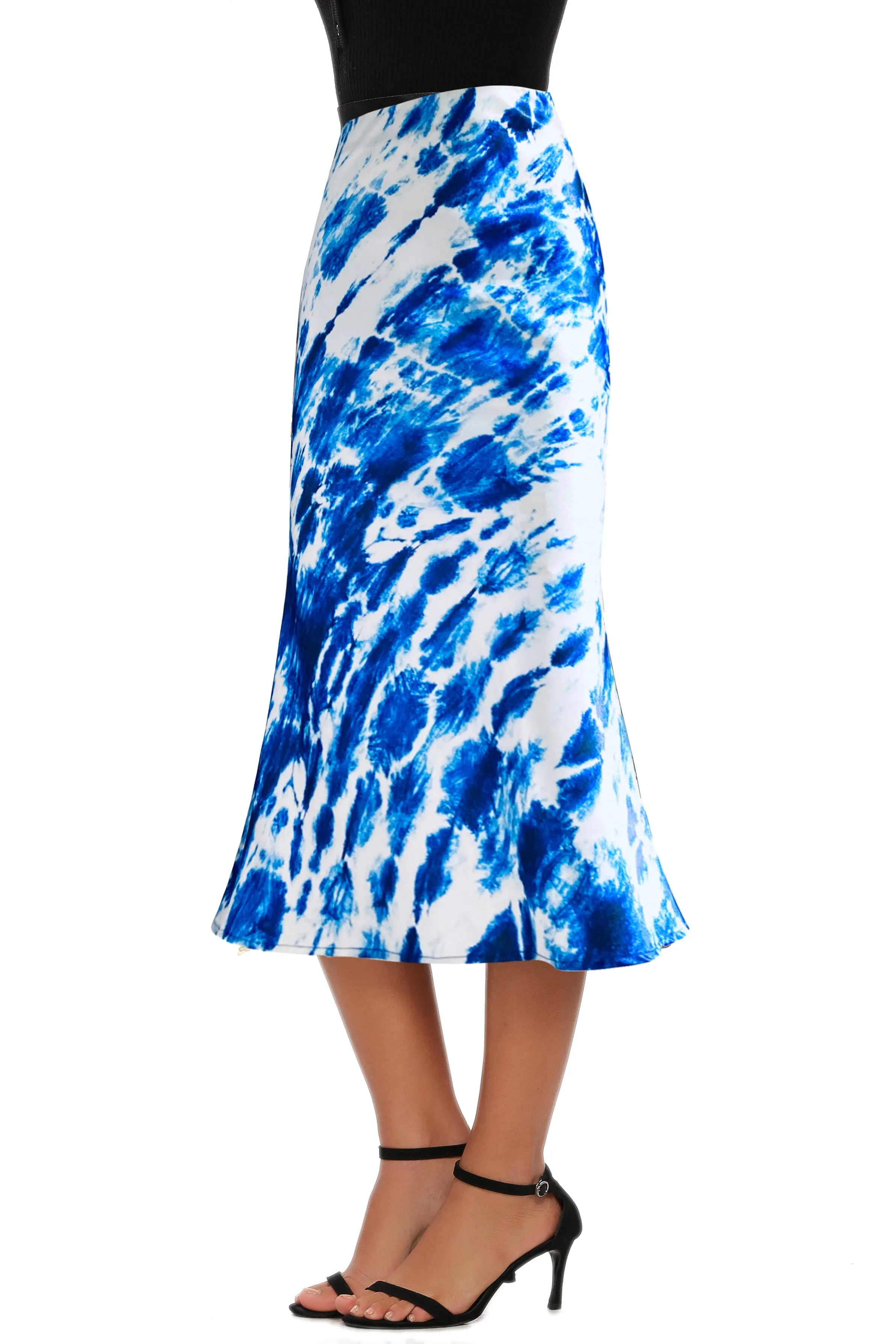 High Waist Silky Satin Fishtail Midi Skirt Tie Dye