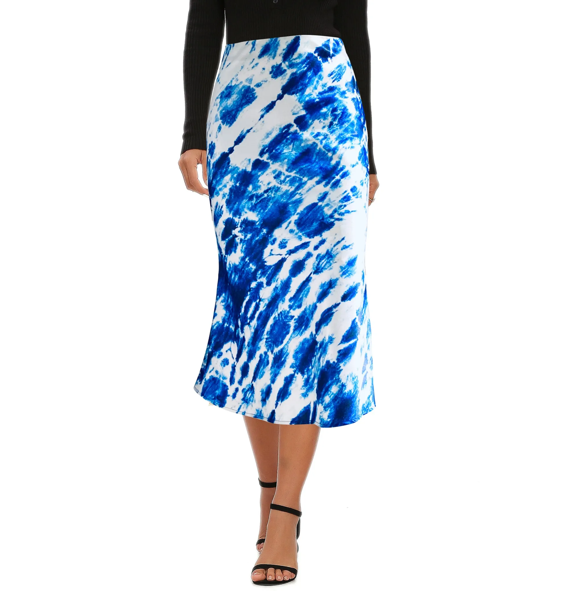 High Waist Silky Satin Fishtail Midi Skirt Tie Dye