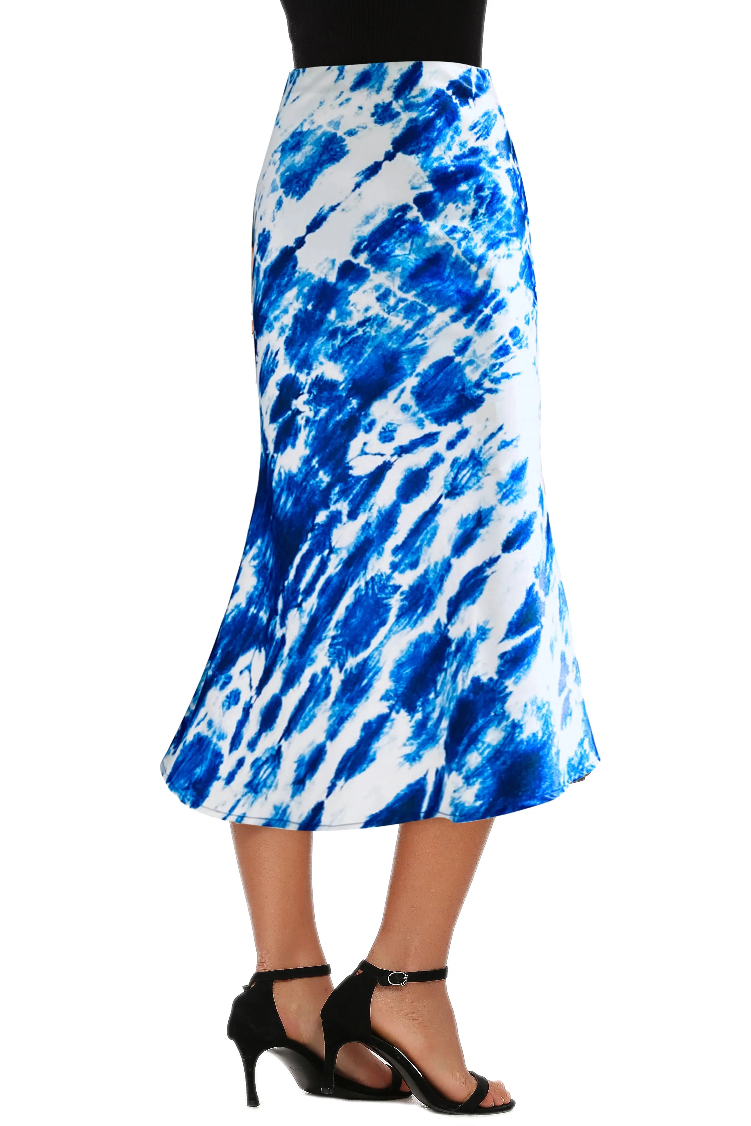 High Waist Silky Satin Fishtail Midi Skirt Tie Dye