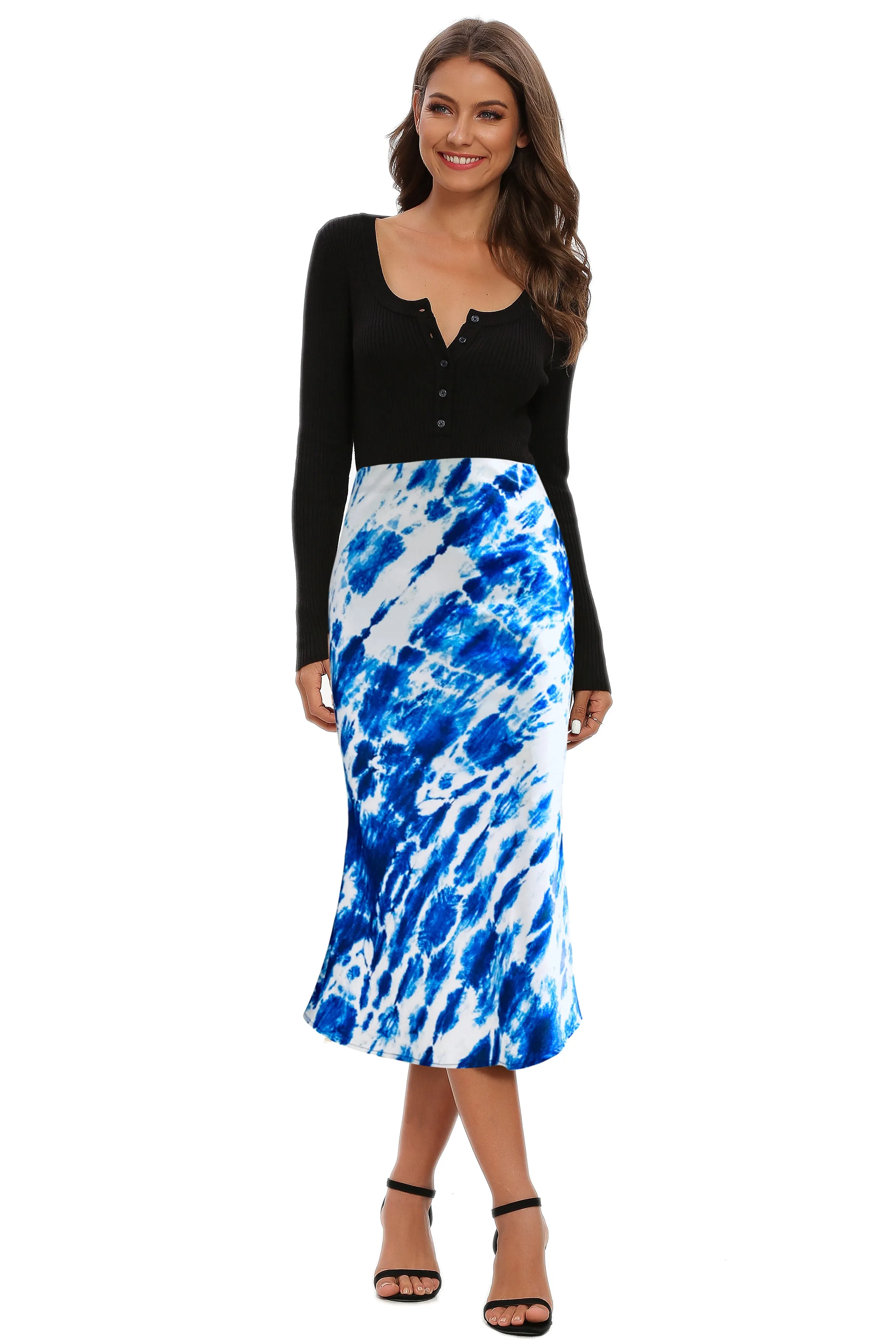 High Waist Silky Satin Fishtail Midi Skirt Tie Dye