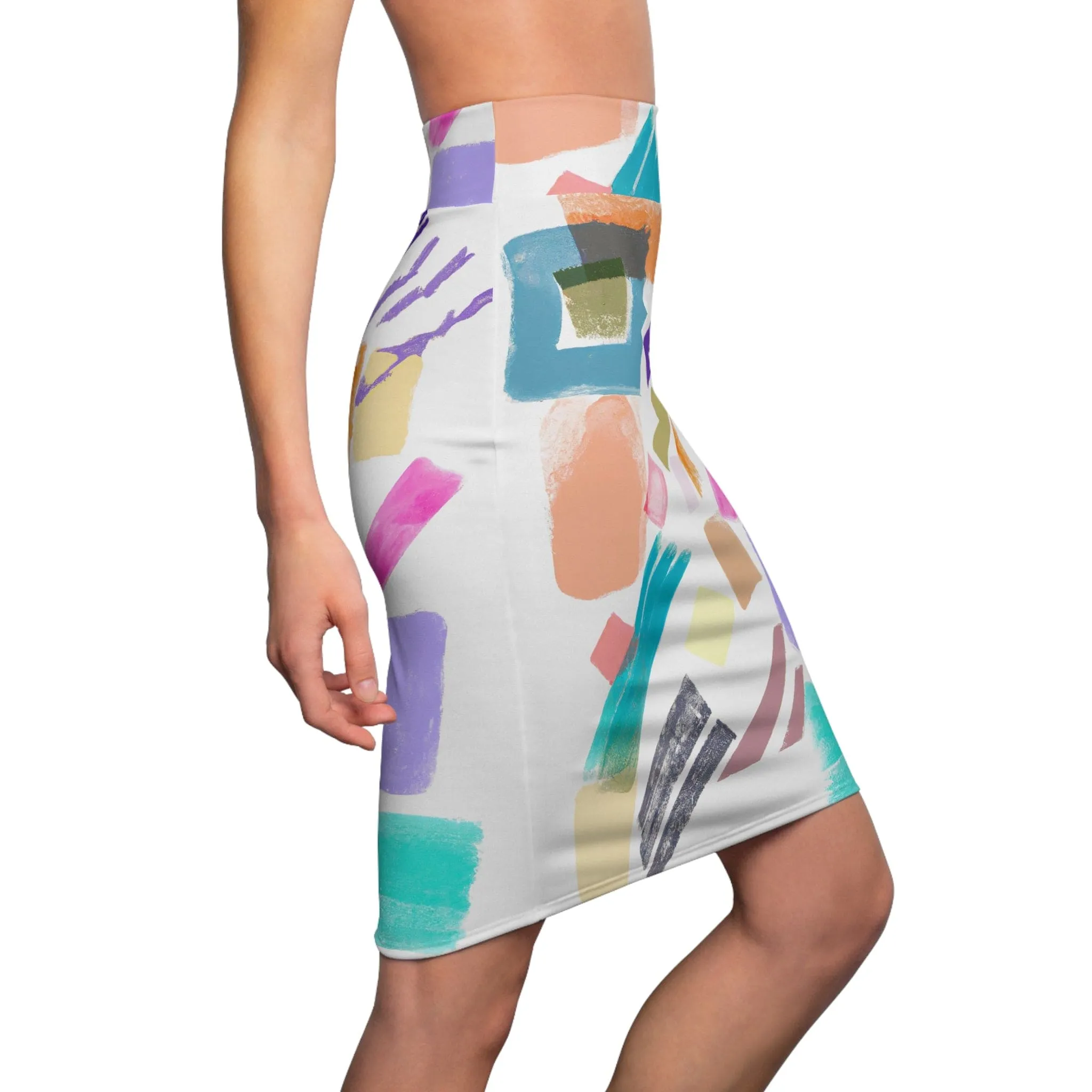 High Waist Womens Pencil Skirt - Contour Stretch - Multicolor Pastel Geometric Brush Stroke Pattern