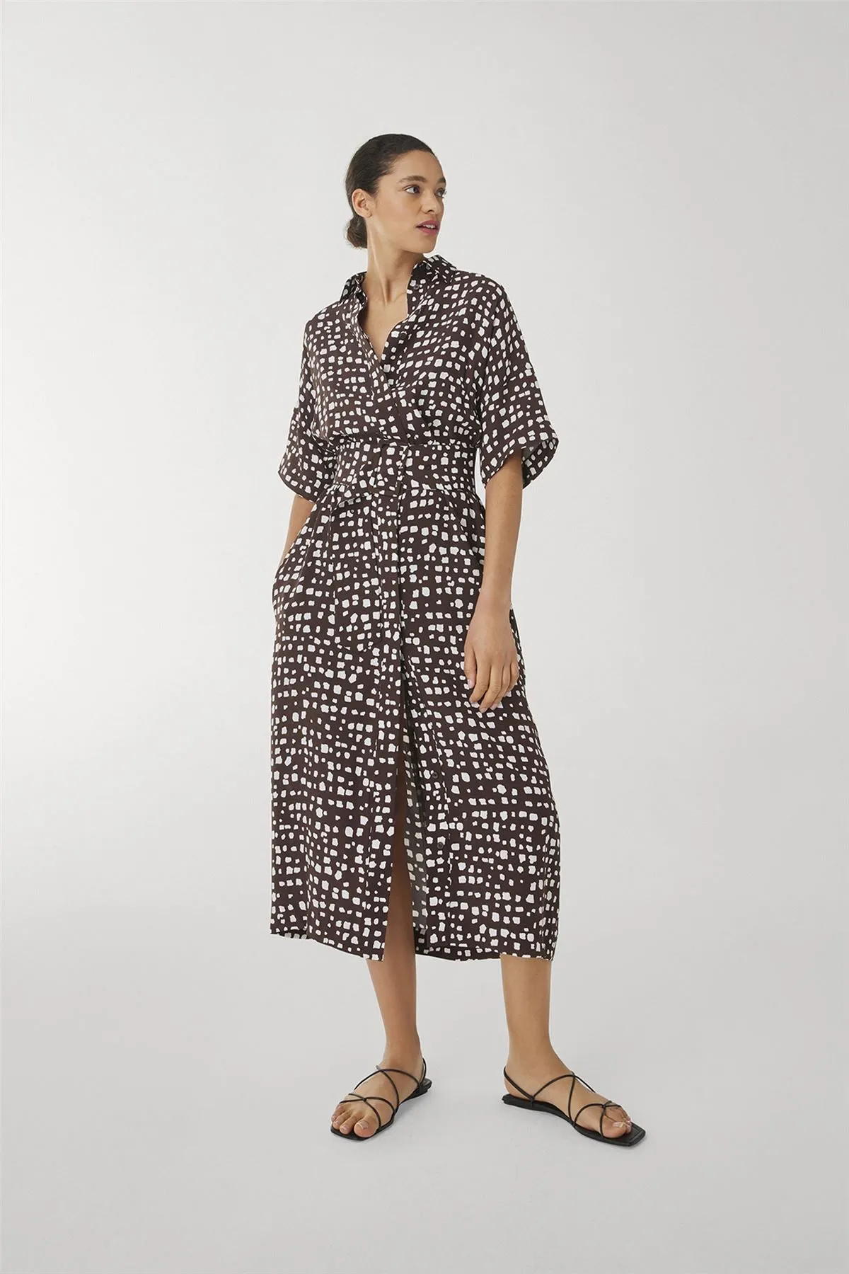 Jasper Conran Birgit Short Sleeve Brown Print Belted Midi Shirt Dresses with Pockets