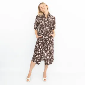 Jasper Conran Birgit Short Sleeve Brown Print Belted Midi Shirt Dresses with Pockets