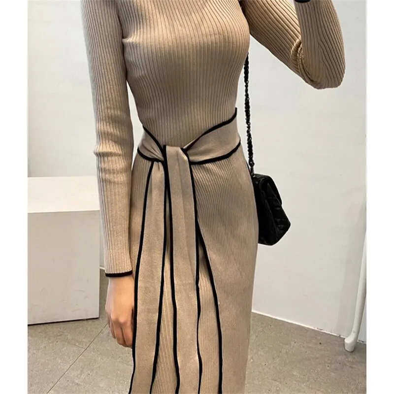 Joskaa Christmas Gift One Piece Patchwork Slim Sweater Knit Dress 2024 Women'S Korean Autumn/Winter Elegant Retro Full Sleeve Knit Mid-Length Dress