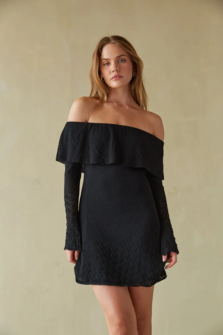 Julia Off the Shoulder Ruffle Sweater Mini Dress