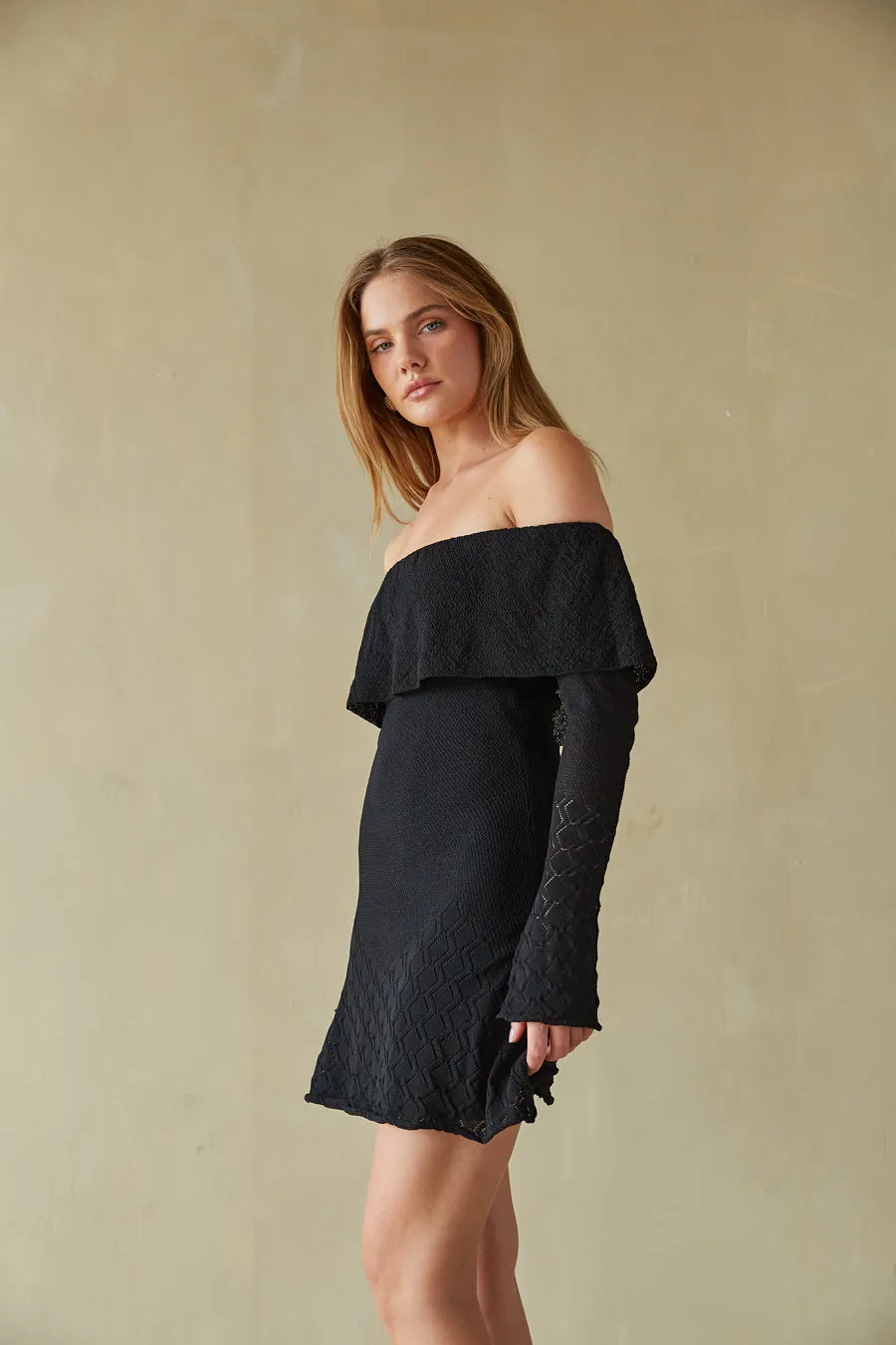 Julia Off the Shoulder Ruffle Sweater Mini Dress