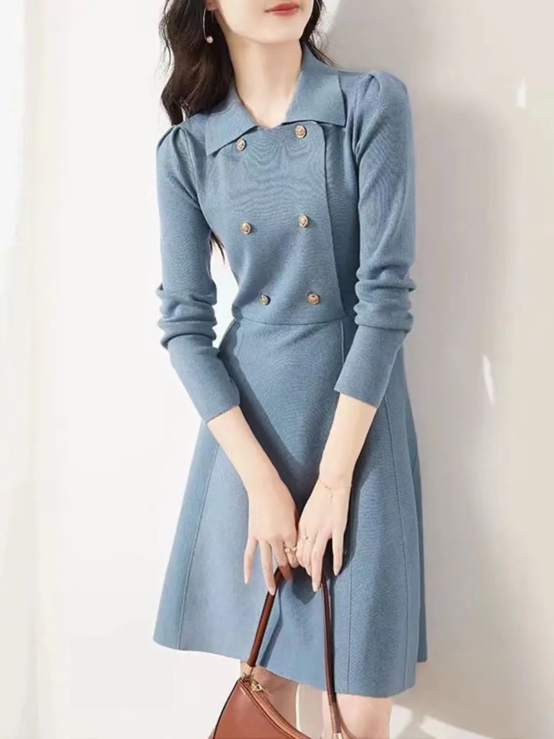 Lapel Knitted Sweater Dress