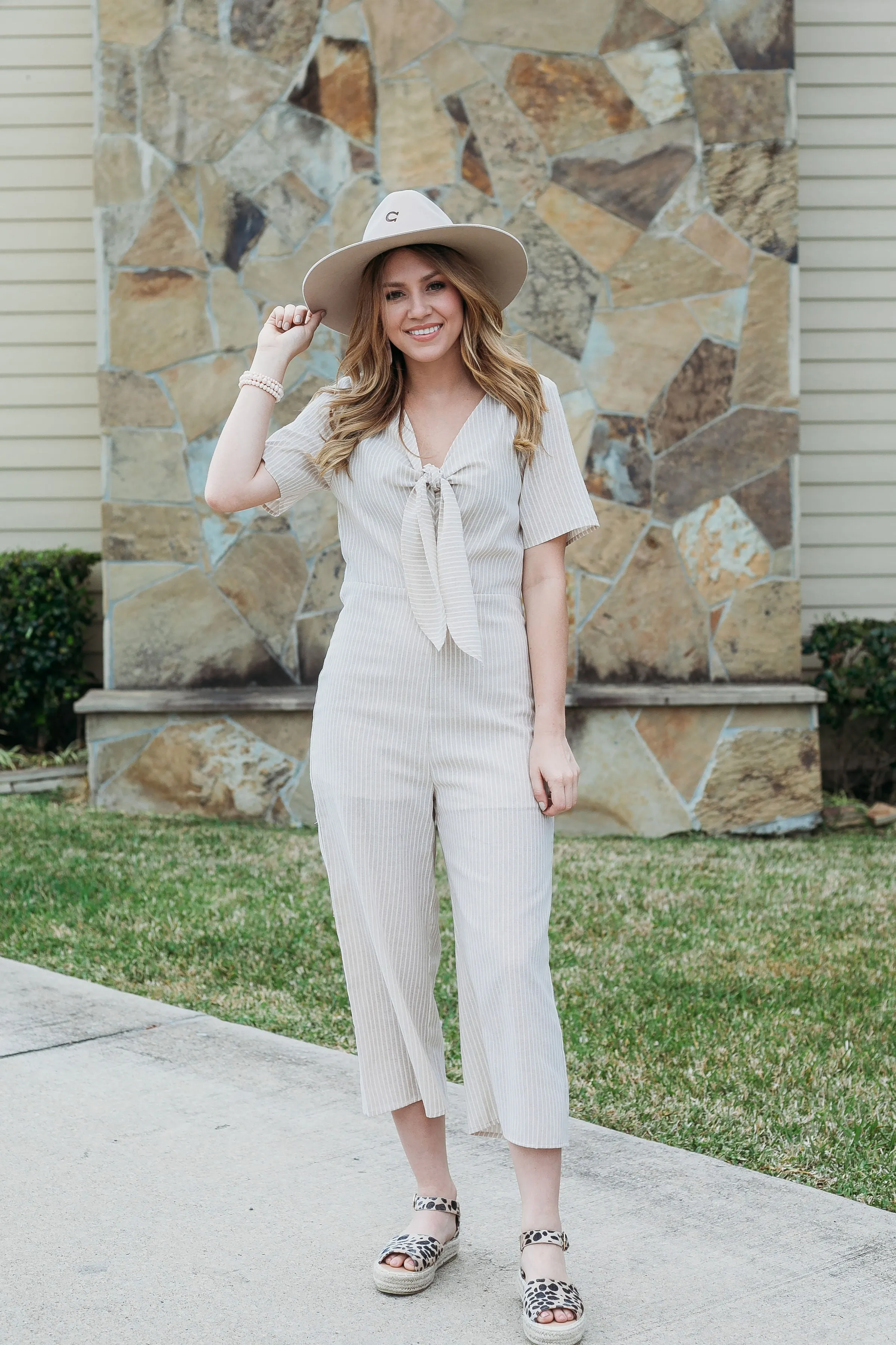 Last Chance Size Small & Med. | Hint At Perfection Striped Jumpsuit with Tie Feature in Khaki Taupe