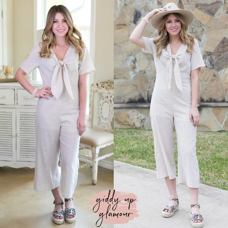 Last Chance Size Small & Med. | Hint At Perfection Striped Jumpsuit with Tie Feature in Khaki Taupe