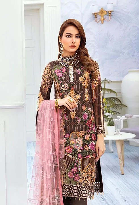 Latest embroidered chiffon dress online 2020 in brown and pink color # P2520