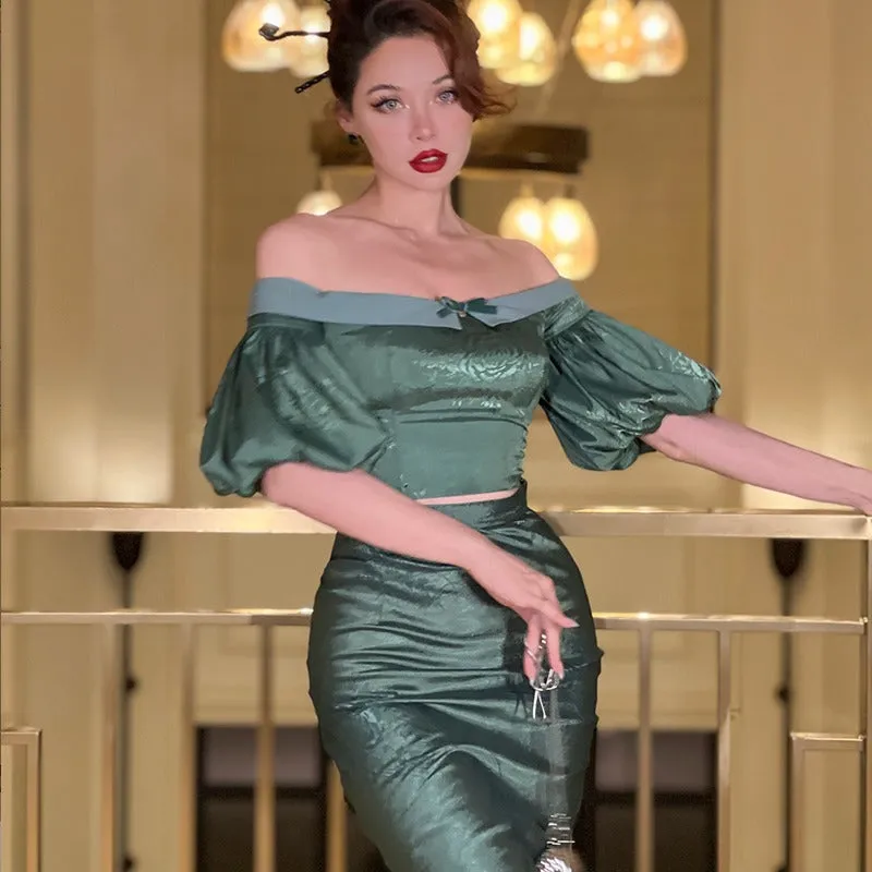 Le Palais Vintage original emerald elegant vintage fishbone strap puff sleeve skirt suit - Carin