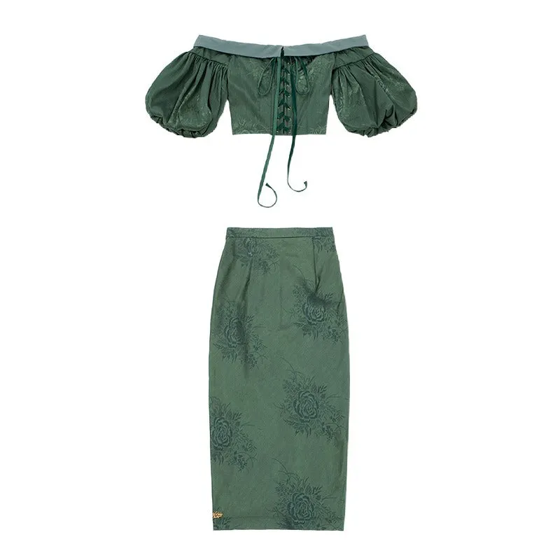 Le Palais Vintage original emerald elegant vintage fishbone strap puff sleeve skirt suit - Carin