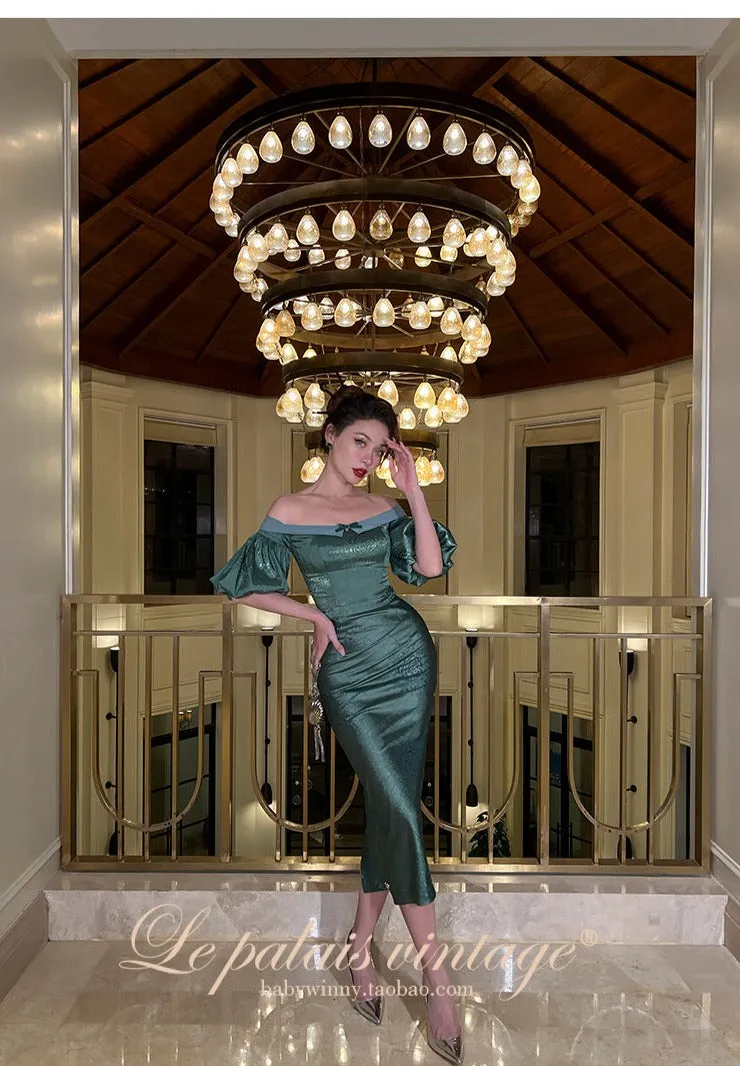 Le Palais Vintage original emerald elegant vintage fishbone strap puff sleeve skirt suit - Carin