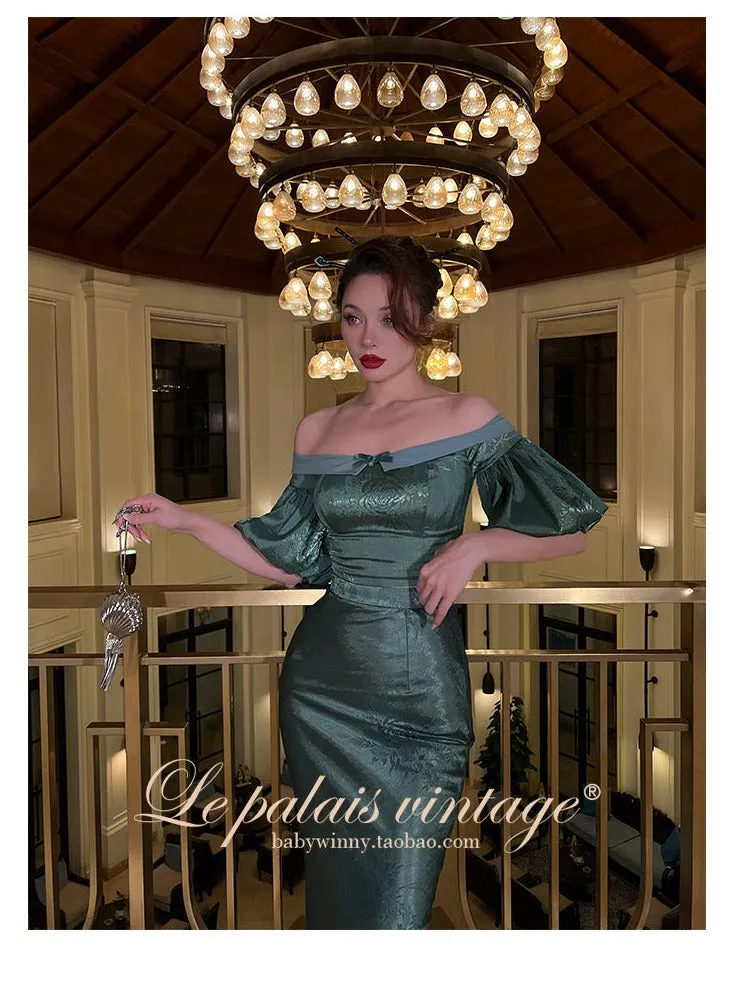 Le Palais Vintage original emerald elegant vintage fishbone strap puff sleeve skirt suit - Carin