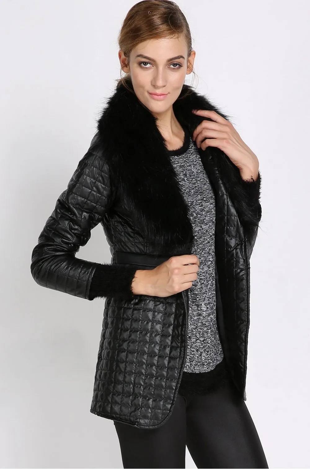 Leather Skin Women Black Diamond Quilted Leather Jacket with Black Fur