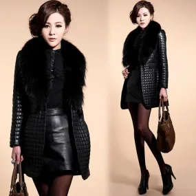 Leather Skin Women Black Diamond Quilted Leather Jacket with Black Fur