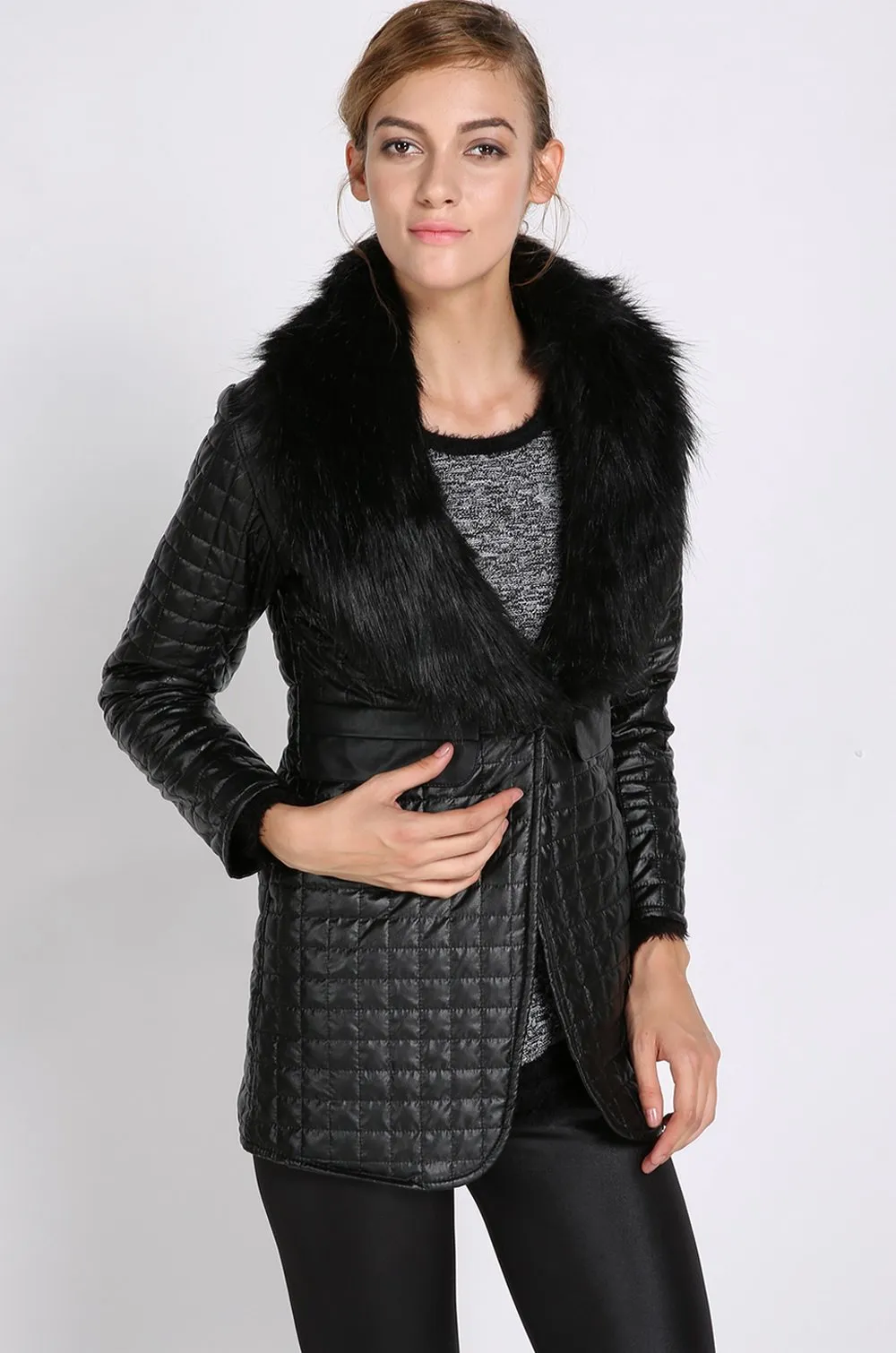 Leather Skin Women Black Diamond Quilted Leather Jacket with Black Fur