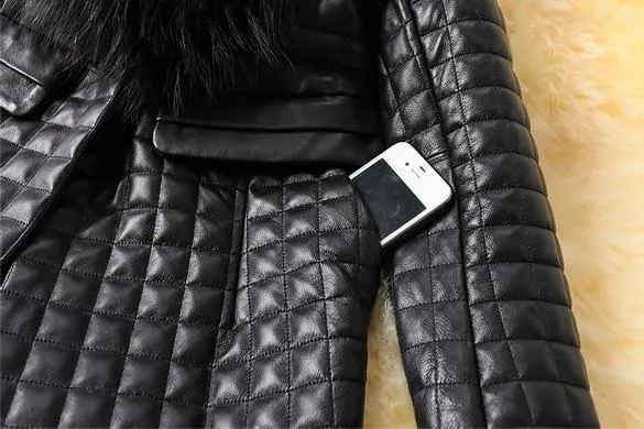 Leather Skin Women Black Diamond Quilted Leather Jacket with Black Fur