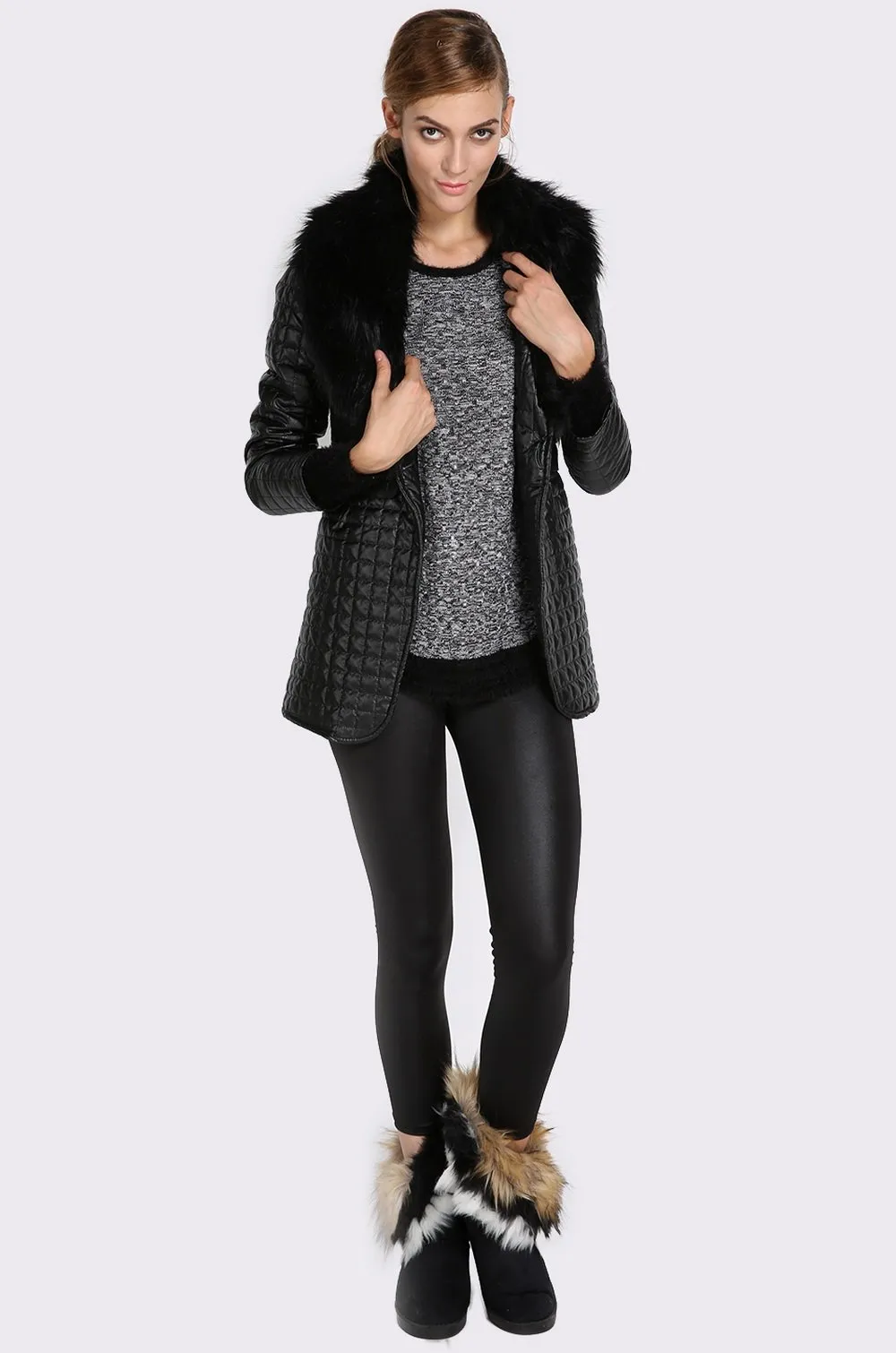 Leather Skin Women Black Diamond Quilted Leather Jacket with Black Fur