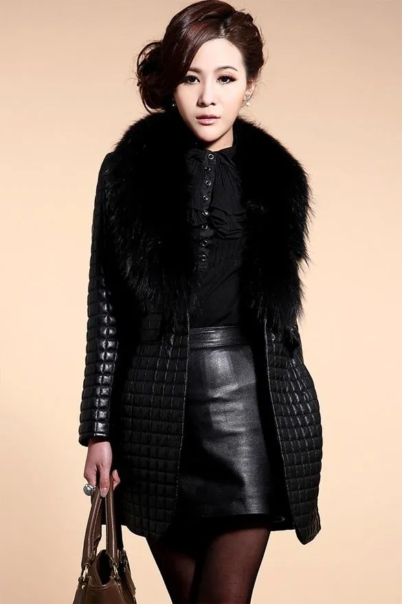 Leather Skin Women Black Diamond Quilted Leather Jacket with Black Fur