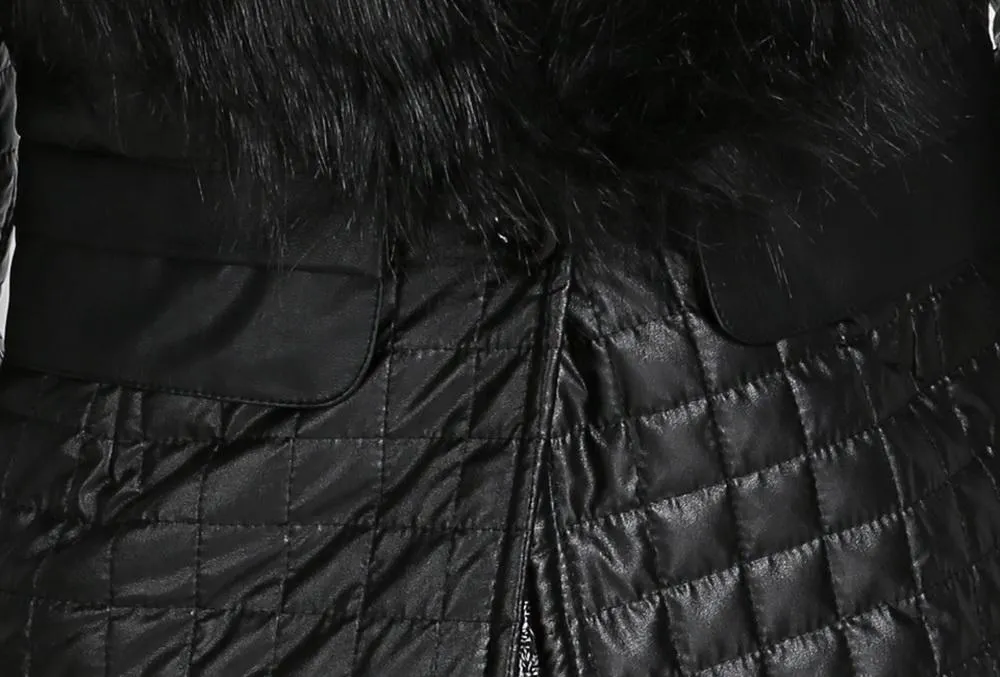 Leather Skin Women Black Diamond Quilted Leather Jacket with Black Fur