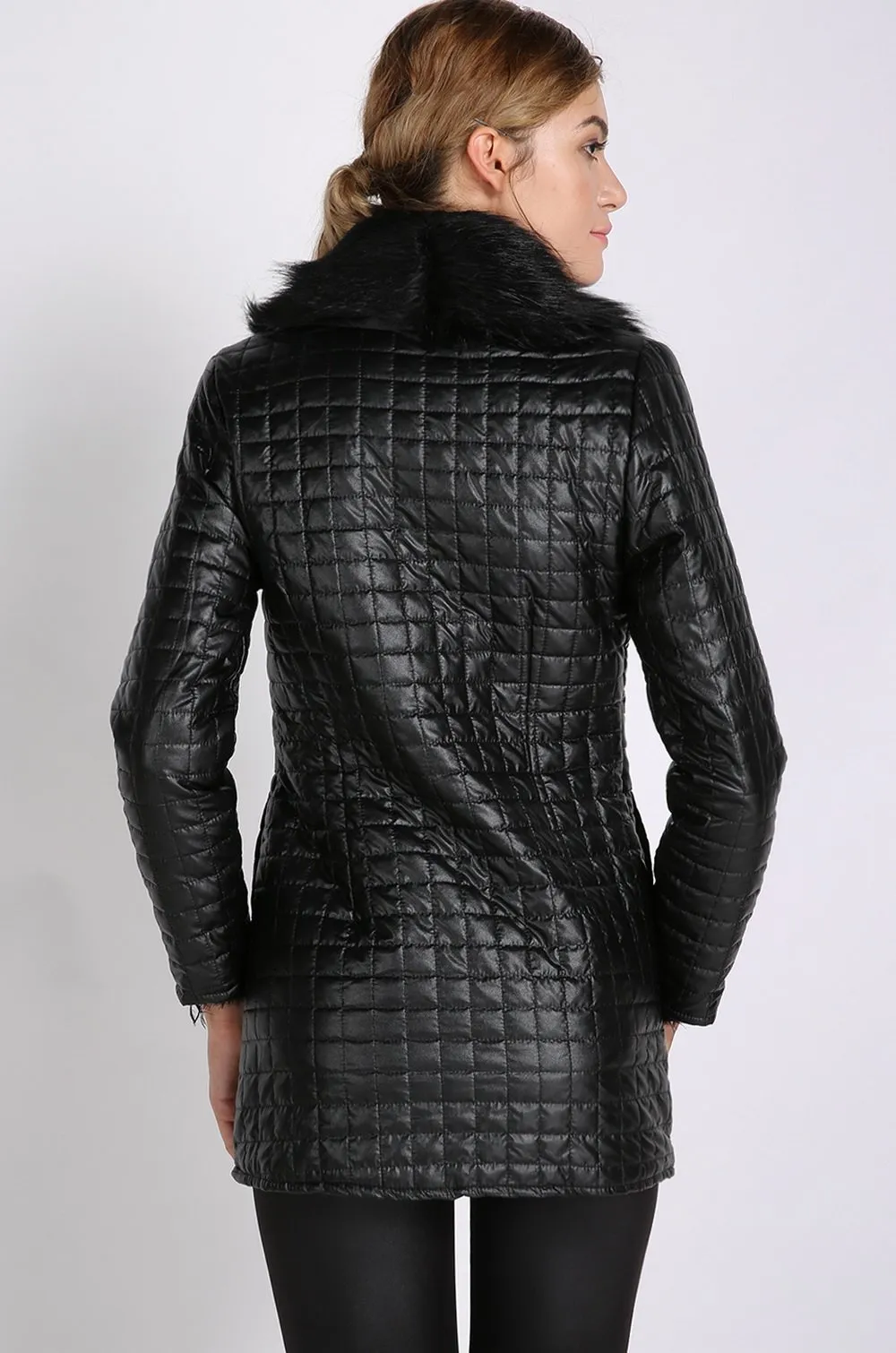 Leather Skin Women Black Diamond Quilted Leather Jacket with Black Fur