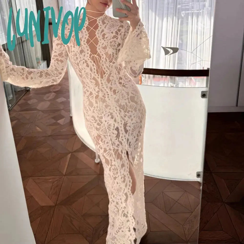 Lunivop android vs cyberborg dress to impress 2024 Early Autumn New Sexy Hot Girl Lace Stitching Fashion Street Slit Long Sleeve Dress