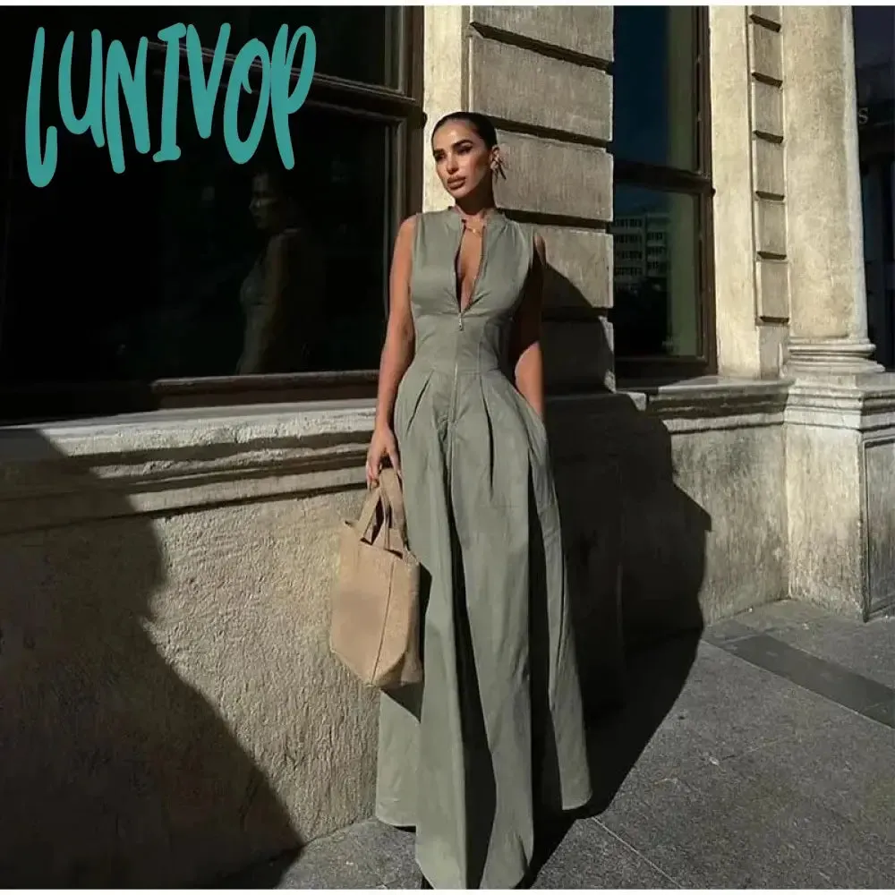 Lunivop classy demure mindful dress to impress 2024 High Waist Solid Color Sleeveless Zipper Dress Fashion Slim Commuter Dress