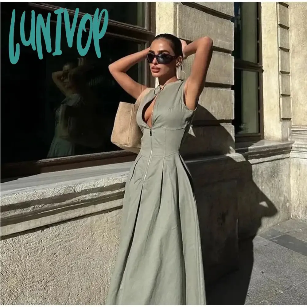 Lunivop classy demure mindful dress to impress 2024 High Waist Solid Color Sleeveless Zipper Dress Fashion Slim Commuter Dress