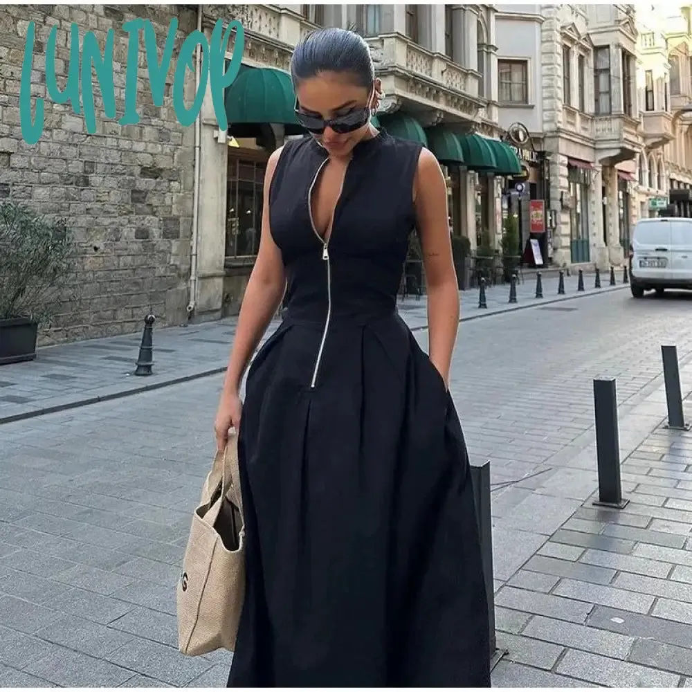 Lunivop classy demure mindful dress to impress 2024 High Waist Solid Color Sleeveless Zipper Dress Fashion Slim Commuter Dress