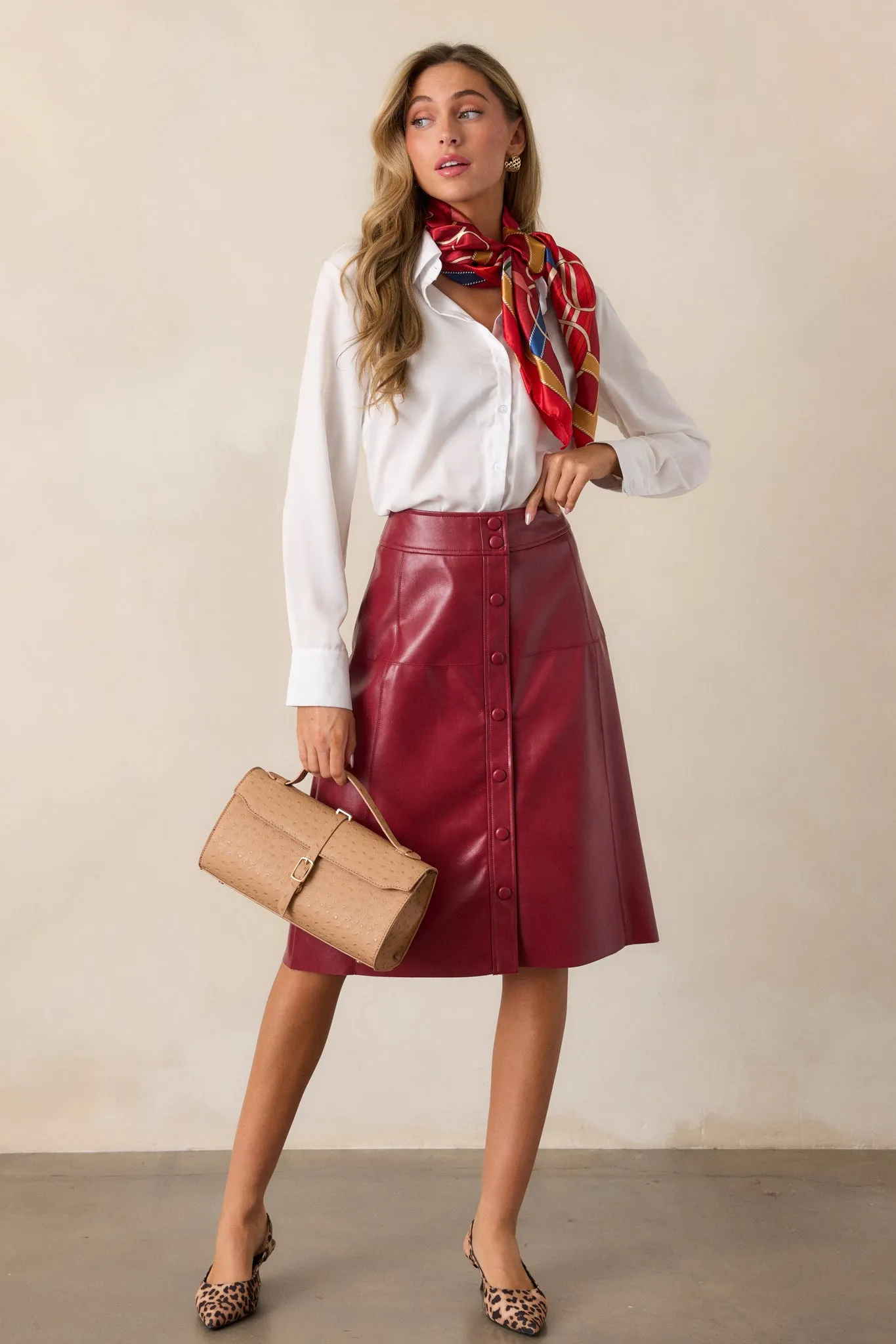 Make It Count Burgundy Faux Leather Midi Skirt