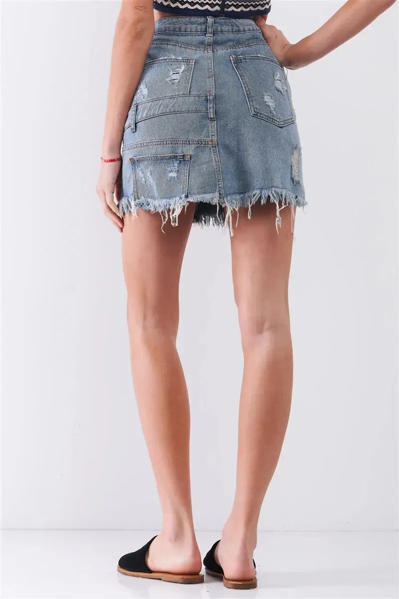 Medium Blue Denim High-waist Distressed Effect Asymmetrical Trim Raw Hem Detail Mini Skirt