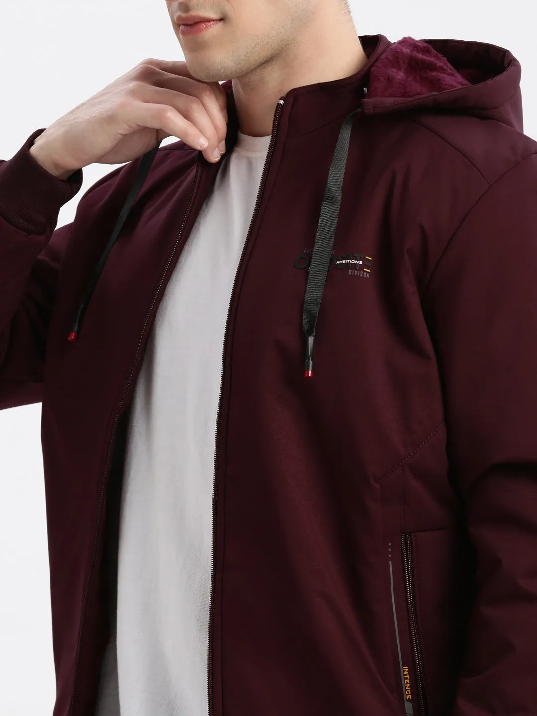 Men Solid Mock Collar Maroon Bomber Jacket Comes with Detachable Hoodie