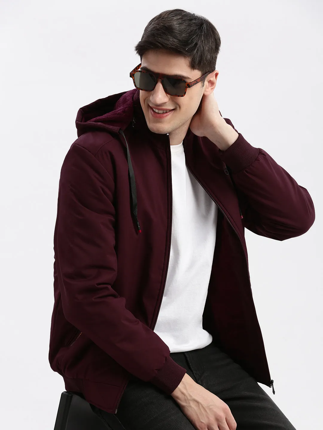 Men Solid Mock Collar Maroon Bomber Jacket Comes with Detachable Hoodie