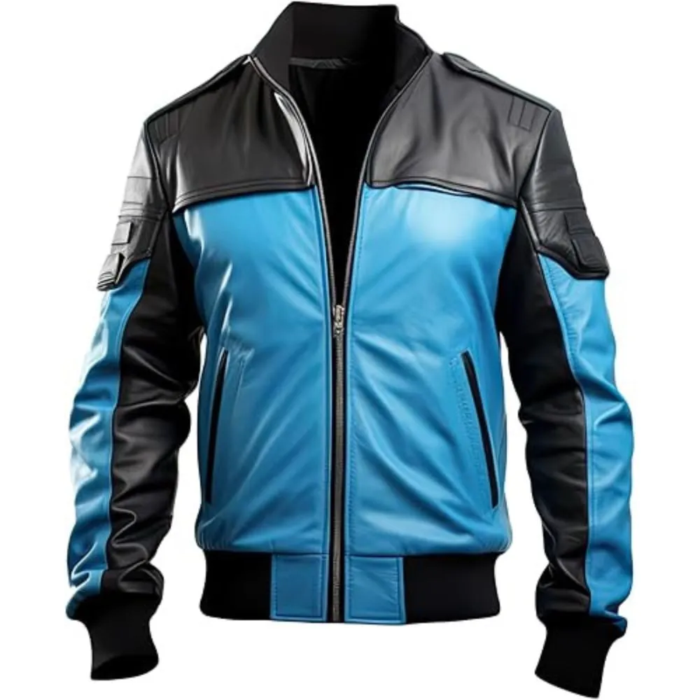 Men’s Blue Black Bomber Premium Sheepskin Biker Leather Jacket