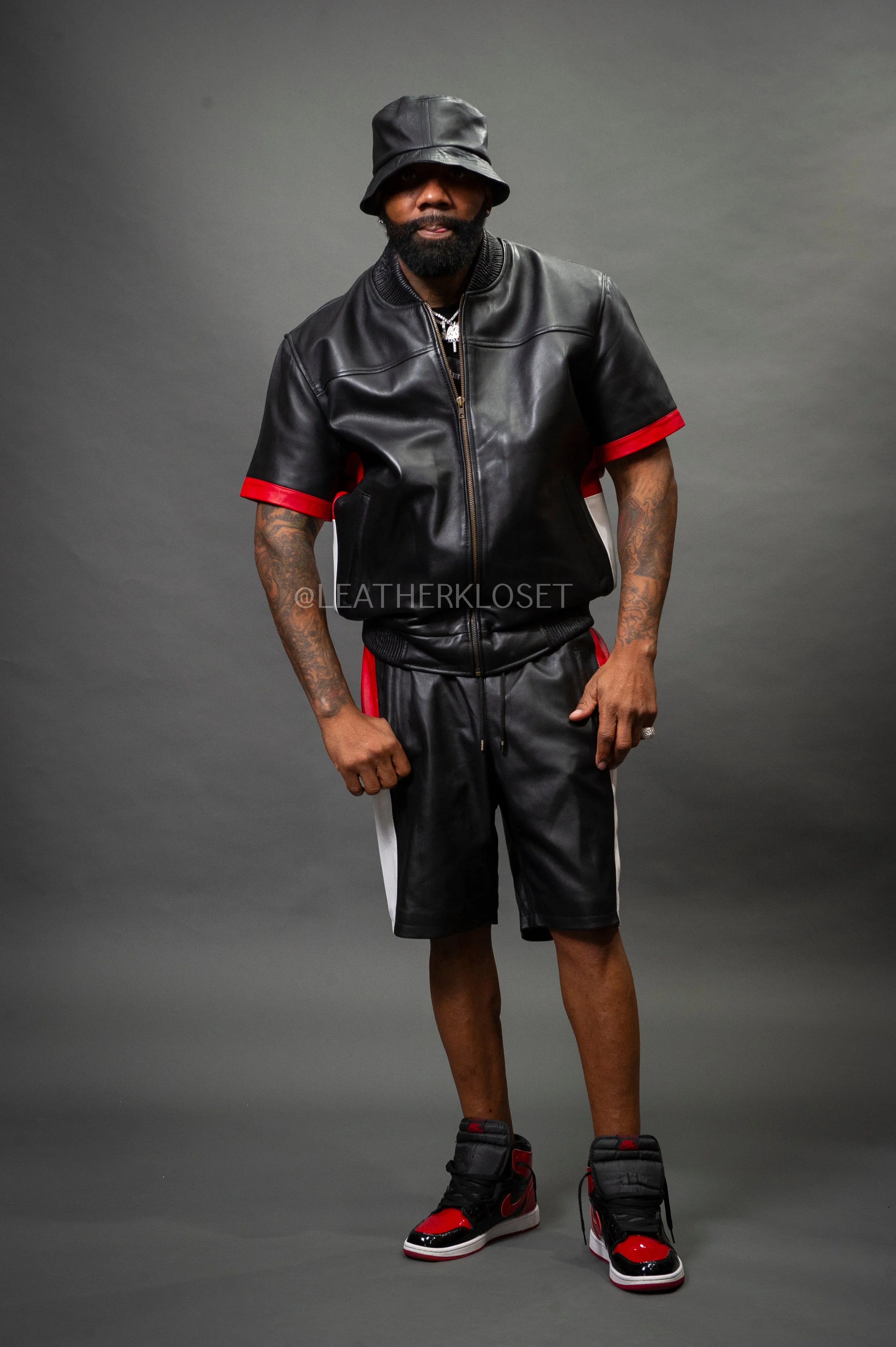 Men's Leo Leather Shorts and Jacket Set [Black/Red]