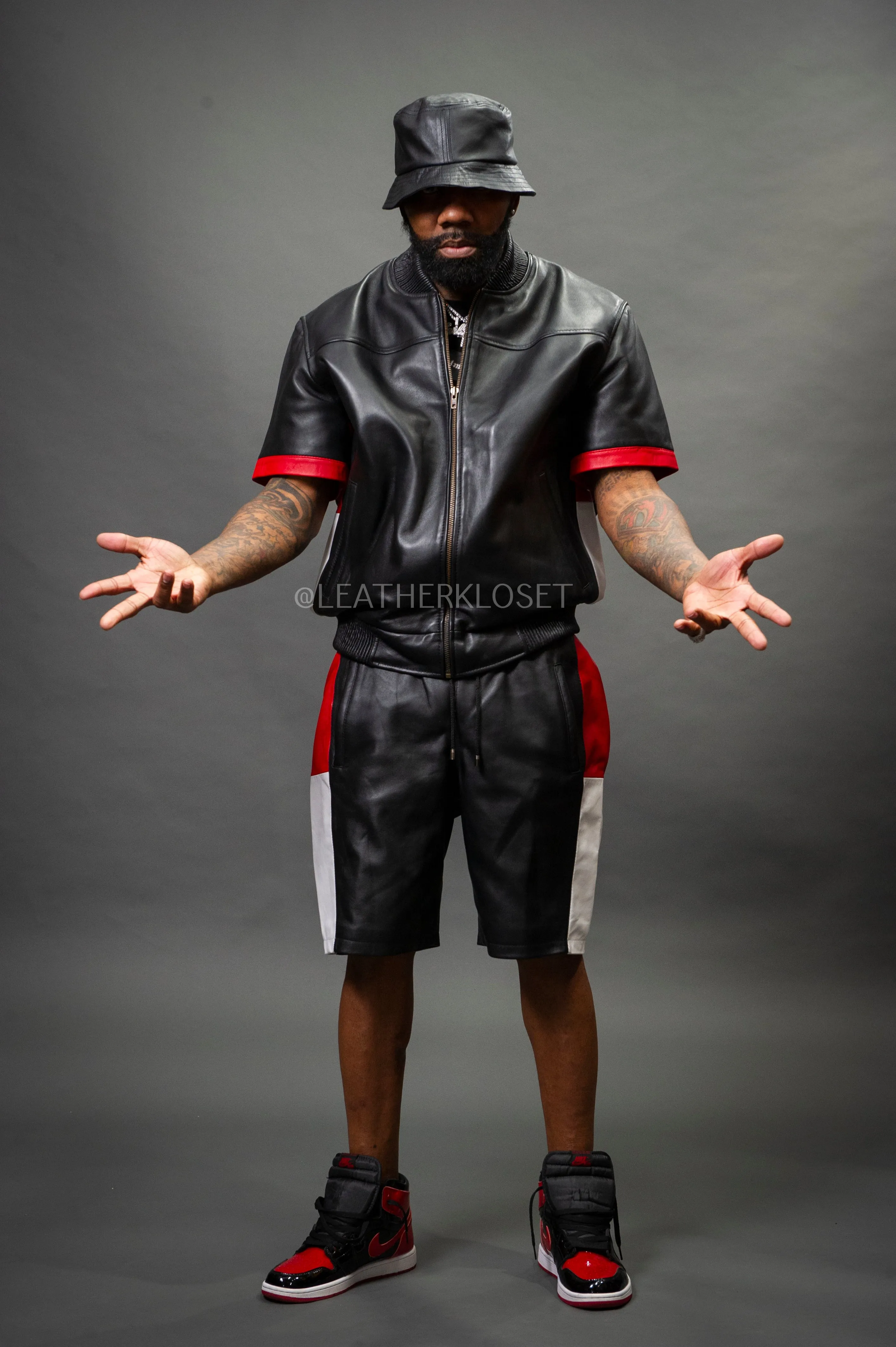 Men's Leo Leather Shorts and Jacket Set [Black/Red]