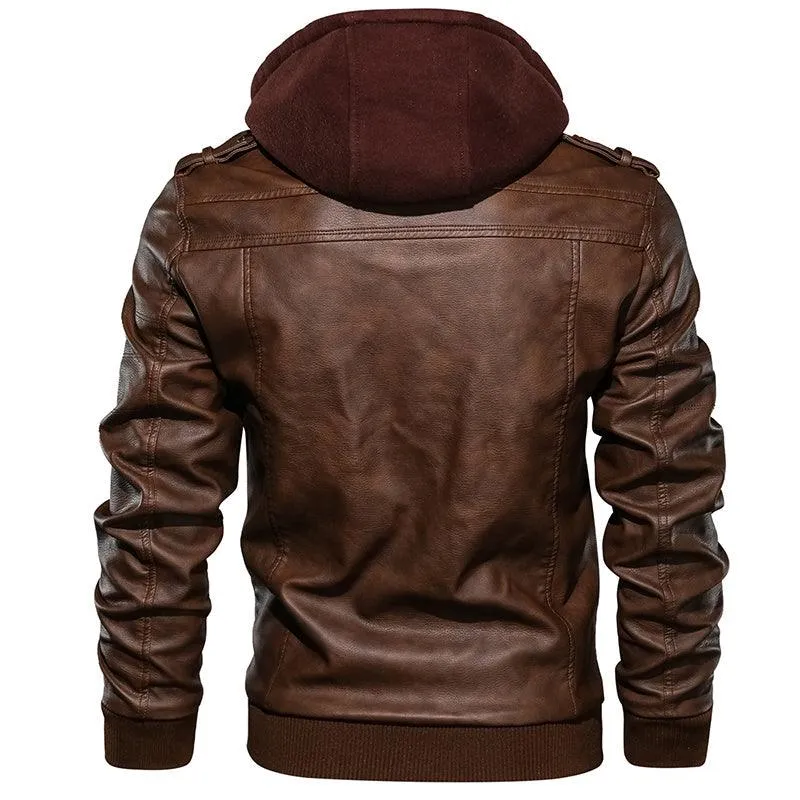 Men's PU Leather Motorcycle Jacket - Detachable Hood