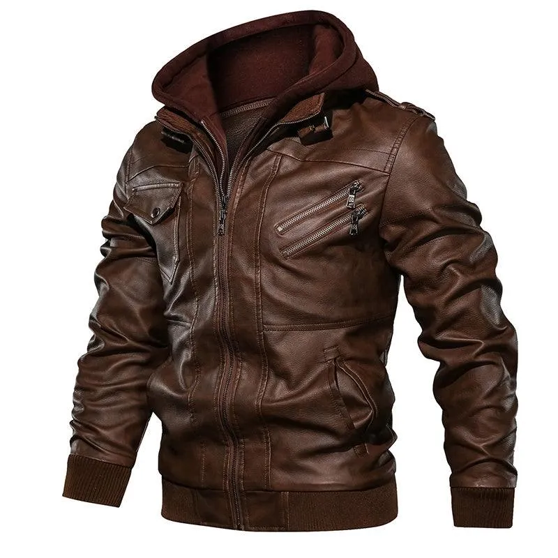 Men's PU Leather Motorcycle Jacket - Detachable Hood