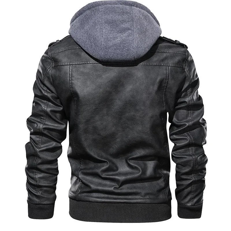 Men's PU Leather Motorcycle Jacket - Detachable Hood