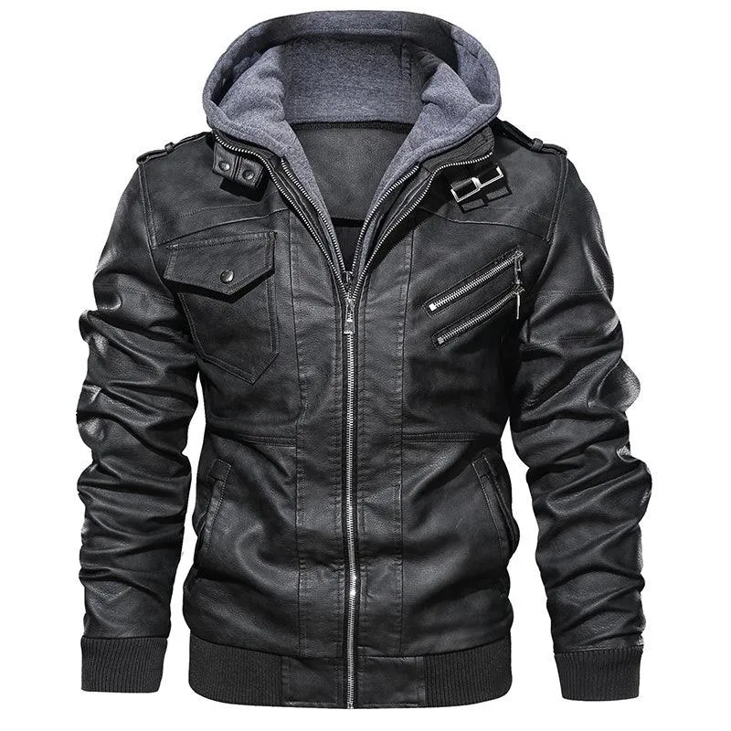 Men's PU Leather Motorcycle Jacket - Detachable Hood