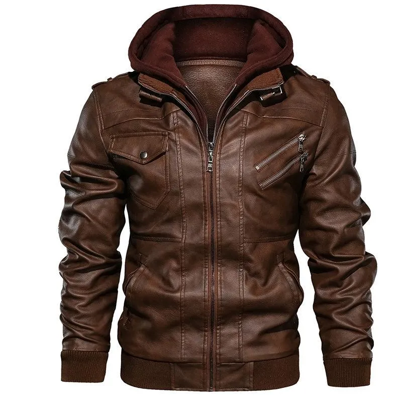 Men's PU Leather Motorcycle Jacket - Detachable Hood