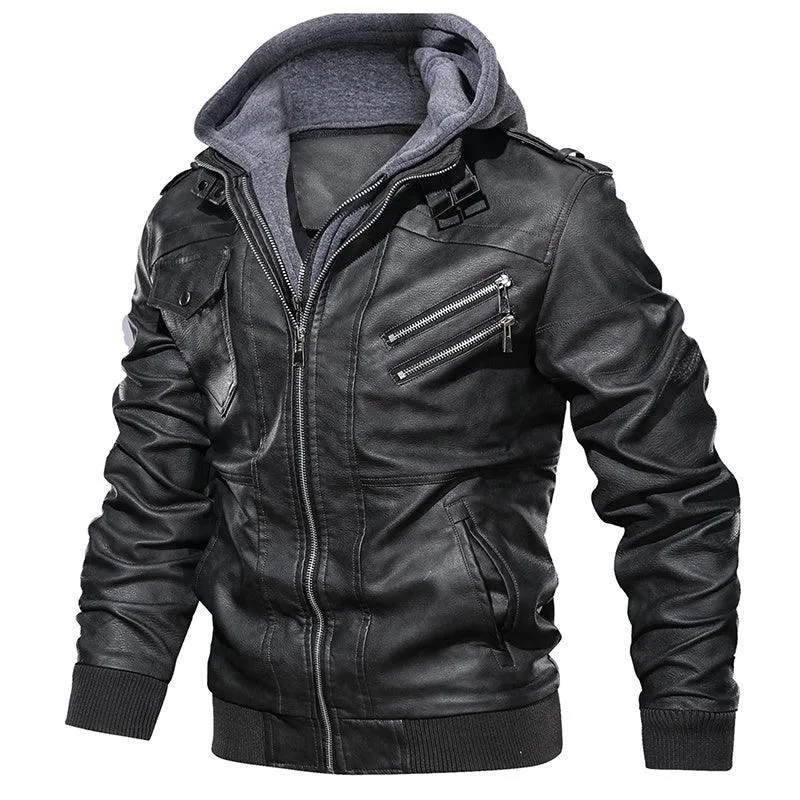 Men's PU Leather Motorcycle Jacket - Detachable Hood