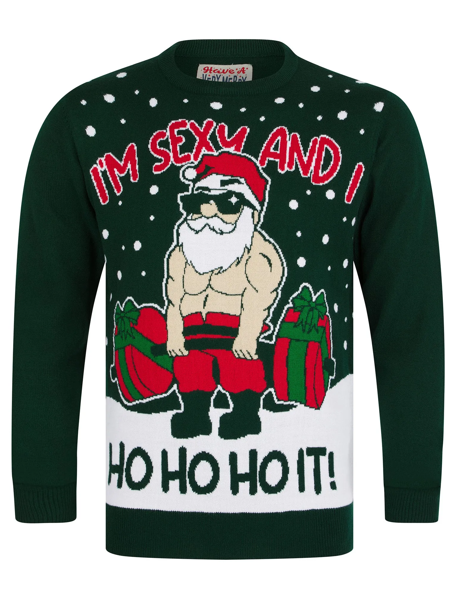 Men's Sexy And I Ho It Workout Motif Novelty Knitted Christmas Jumper in Holly Green - Merry Christmas