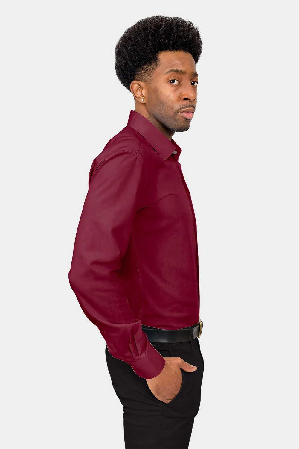 Men's Slim Fit Solid Color Dress Shirt (Burgundy)