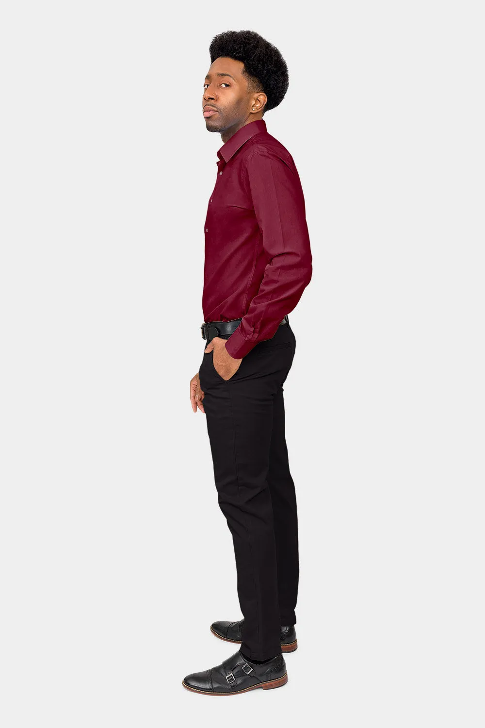 Men's Slim Fit Solid Color Dress Shirt (Burgundy)